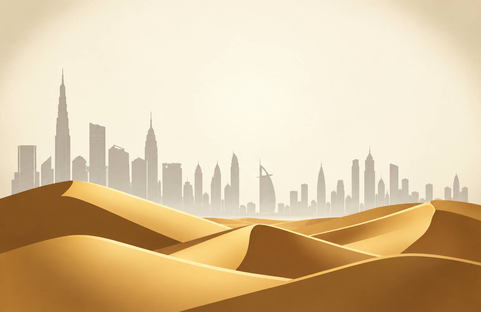 Dunas do deserto douradas com o skyline do Dubai